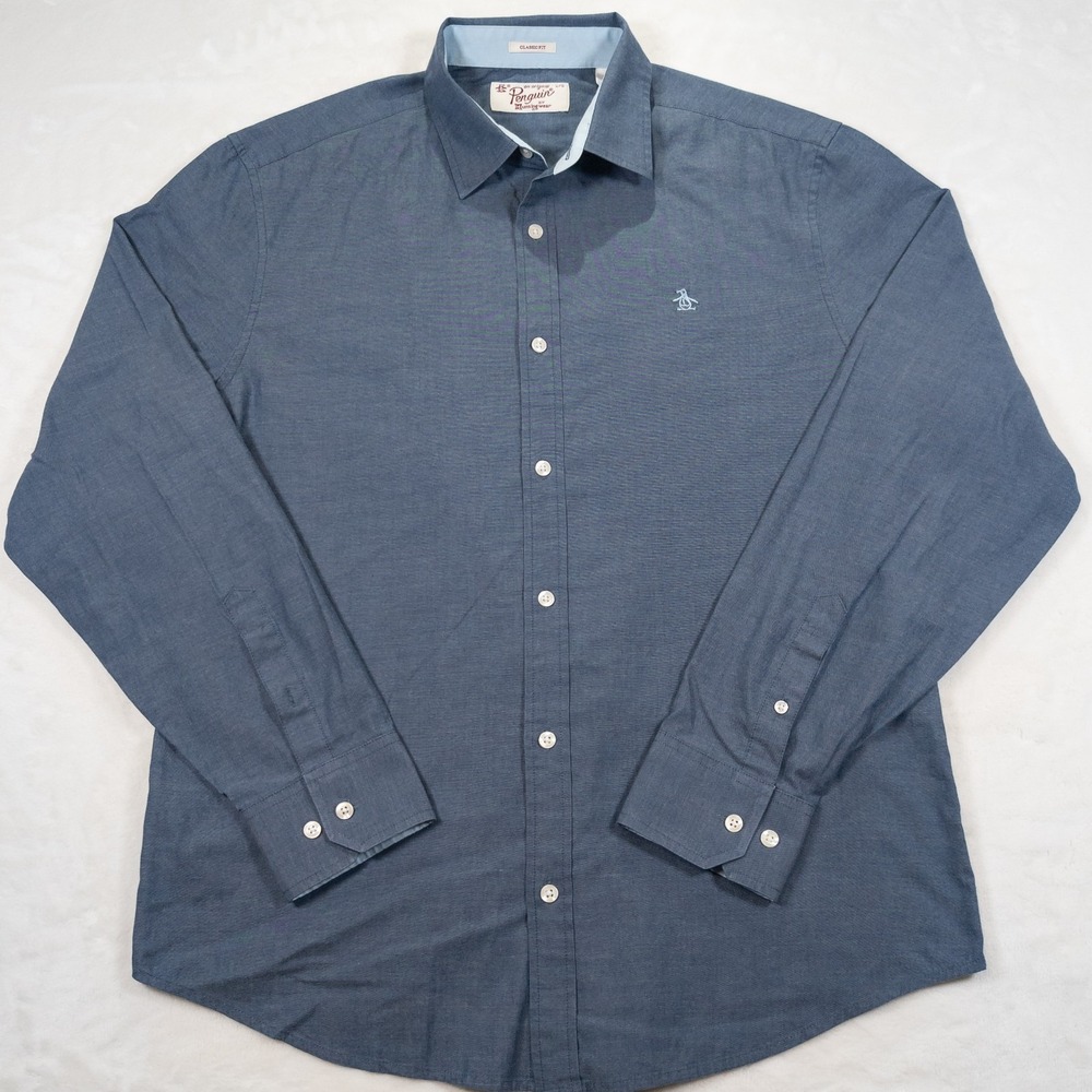 Original Penguin Classic Fit Shirt Mens L Blue Chambray Long Sleeve Button Down